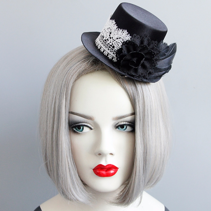 Gothic White Lace Black Rose Top Mini Hat Phụ kiện Halloween Hairclip J18811