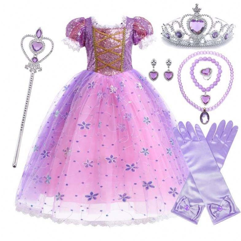 Nữ công chúa trang phục Rapunzel Puff Sleeve Sequin Cosplay Dress Purple với phụ kiện HCRS-007