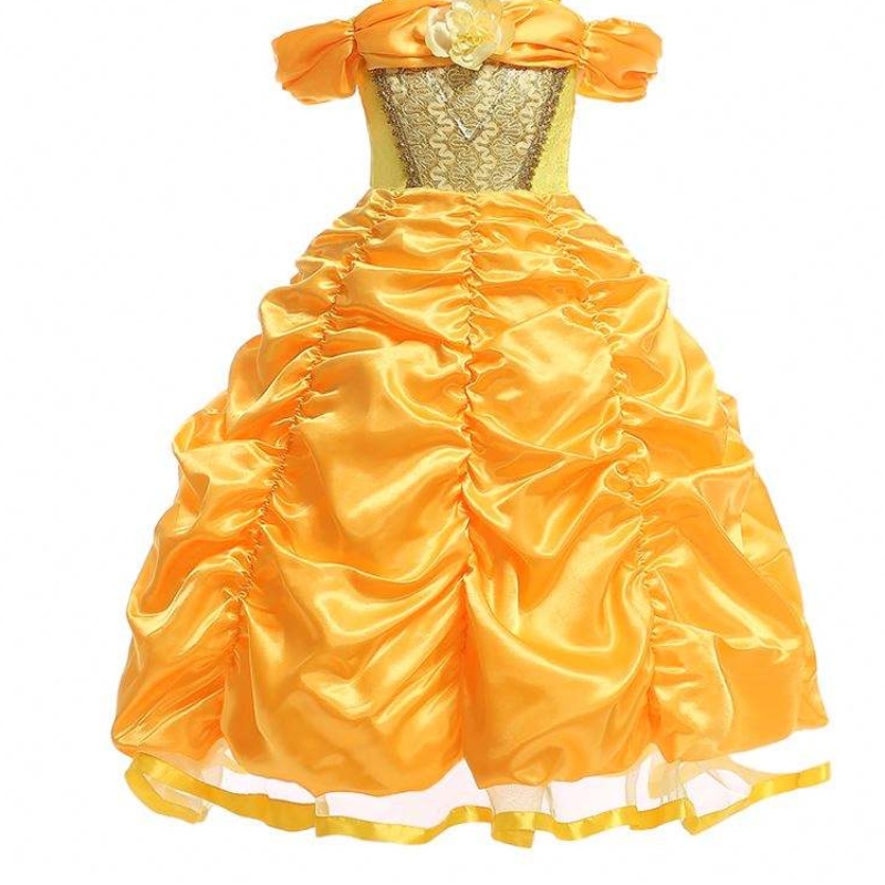 Baige Thiết kế mới Thiết kế trẻ em Trang phục Girls Tên với hình ảnh Công chúa Belle Long áo choàng màu vàng smr023