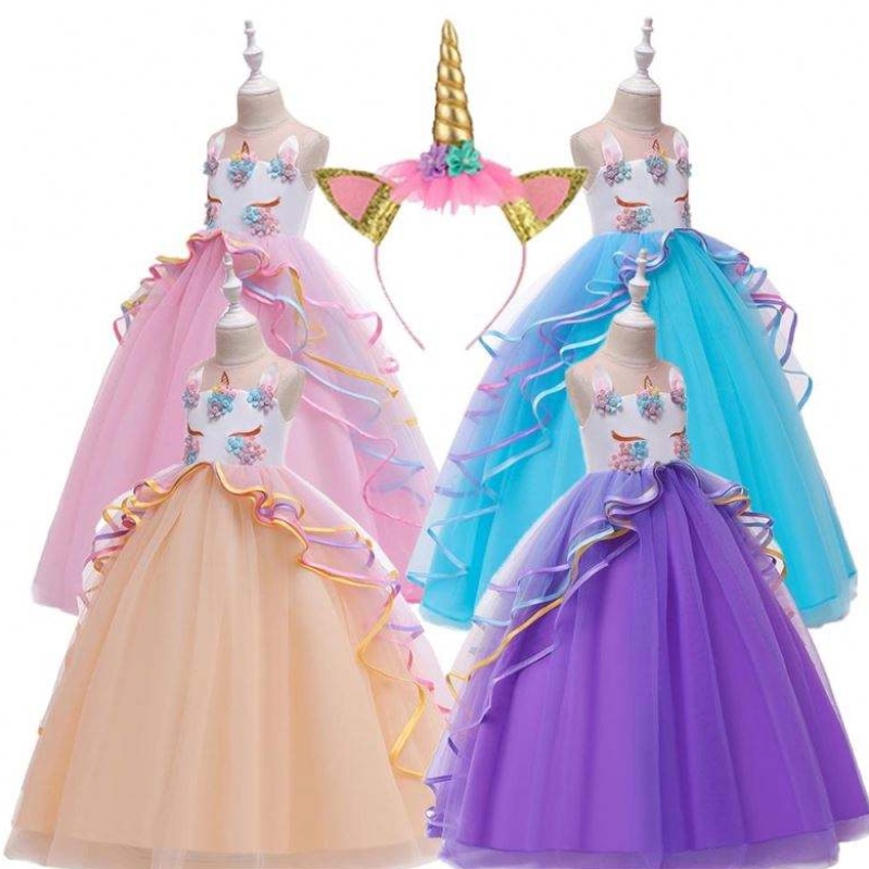 Baige 3-15năm cô gái Unicorn Party Dresses Ruffles Kids Quần áo Trang phục Trang phục Bữa tiệc sinhnhật