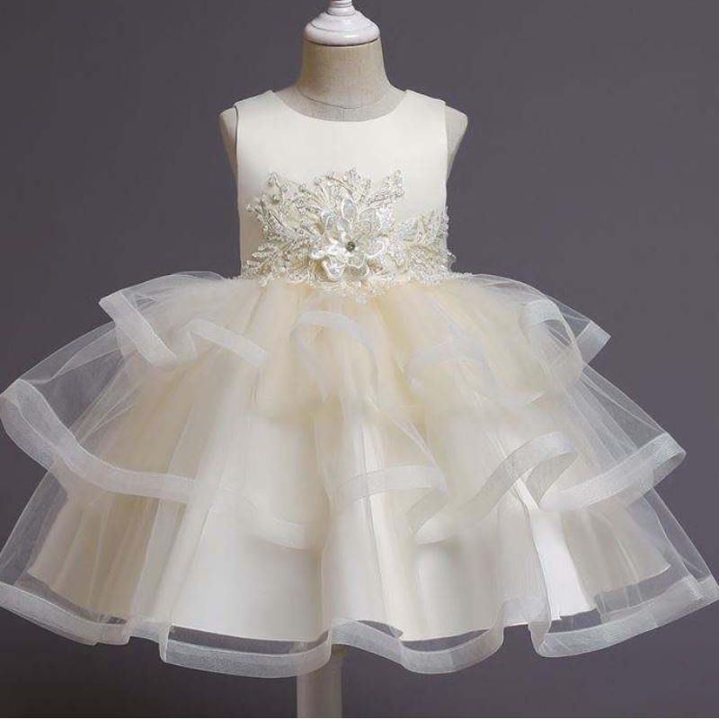 Baige Flower Girl Dress Kids Party áo choàng trẻ em váy công chúa với hạt dài đầu gối quần áo sinhnhật