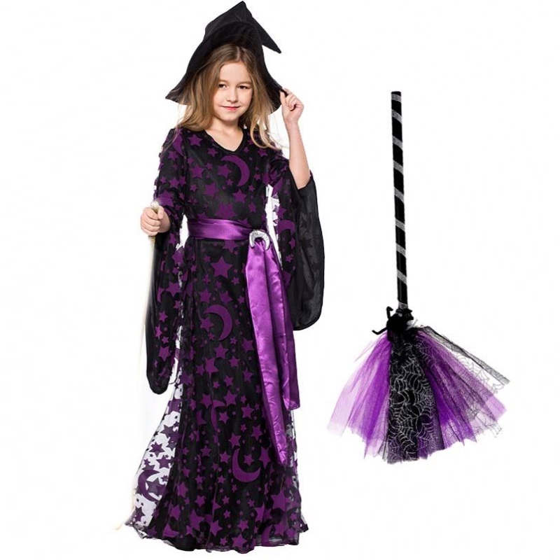 Girls Halloween Dress Up Purple Wicked Witch Fancy Dress With Hat Broom HCVM-017