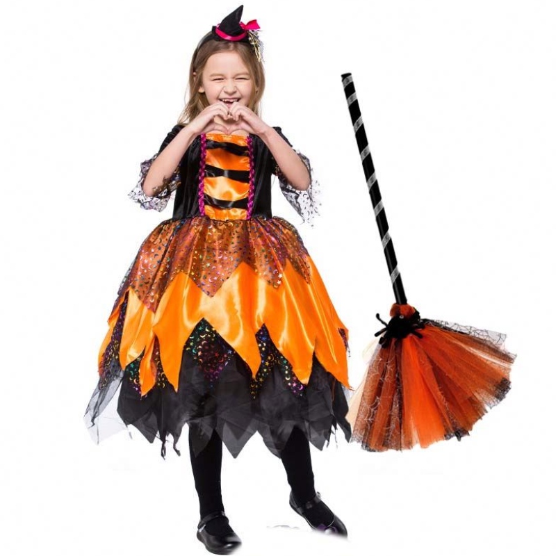 Halloween Fancy Party Dress Outfit Orange Kids Phù thủy Phù thủy HCVM-018