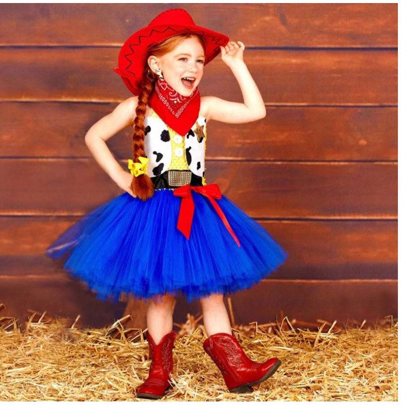 Trang phục tiệc sinhnhật Phục sinh Trang phục Cowgirl cho cô gái 1-12năm với Bandana Cowboy Hat HCTS-002