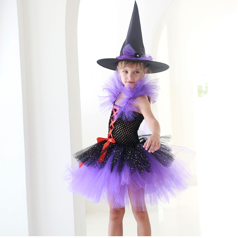 Amazon Hot Bán Tutu Trang phục trang phục phù thủy cho các cô gái với Mũ phù thủy Halloween Carnival Party